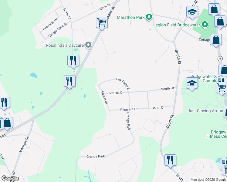 map of restaurants, bars, coffee shops, grocery stores, and more near 80 Fox Hill Drive in Bridgewater