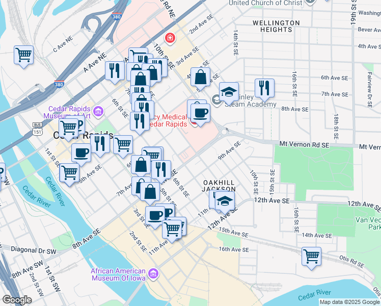 map of restaurants, bars, coffee shops, grocery stores, and more near 788 8th Avenue Southeast in Cedar Rapids