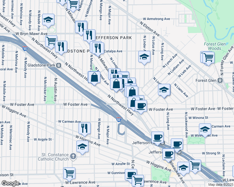 map of restaurants, bars, coffee shops, grocery stores, and more near 5339 North Milwaukee Avenue in Chicago