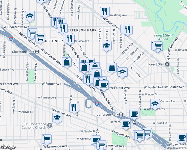 map of restaurants, bars, coffee shops, grocery stores, and more near 5301 North Central Avenue in Chicago