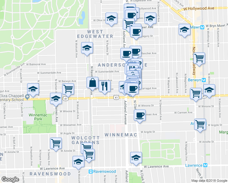 map of restaurants, bars, coffee shops, grocery stores, and more near 1641 West Farragut Avenue in Chicago