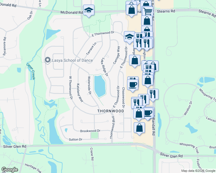 map of restaurants, bars, coffee shops, grocery stores, and more near 685 Lake Ridge Drive in South Elgin