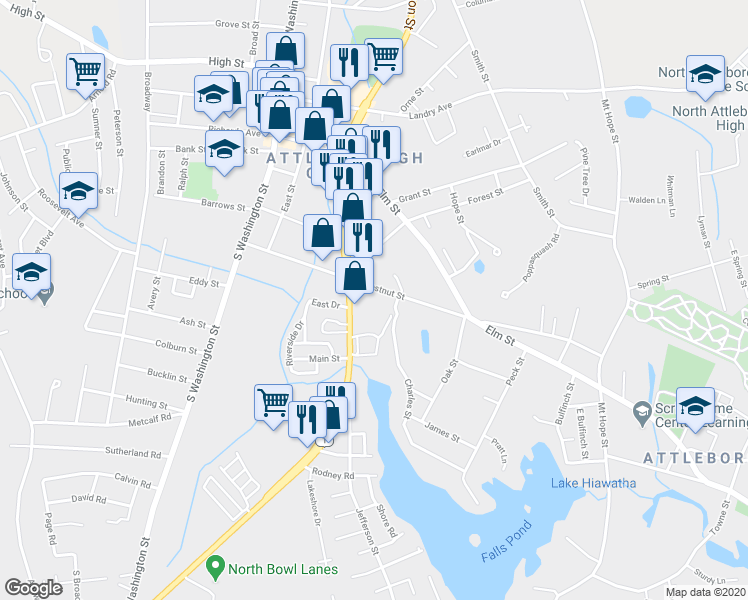 map of restaurants, bars, coffee shops, grocery stores, and more near 130 Chestnut Street in North Attleborough