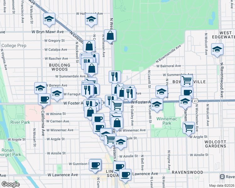 map of restaurants, bars, coffee shops, grocery stores, and more near 2345 West Berwyn Avenue in Chicago