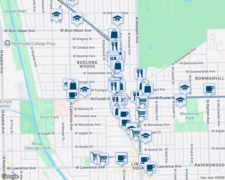 map of restaurants, bars, coffee shops, grocery stores, and more near 5250 North Lincoln Avenue in Chicago
