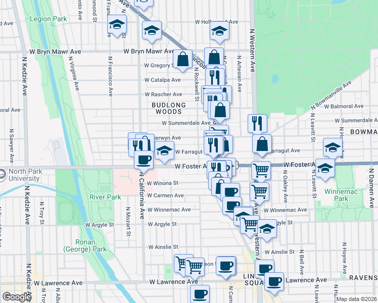 map of restaurants, bars, coffee shops, grocery stores, and more near 2605 West Berwyn Avenue in Chicago