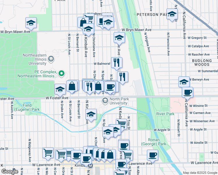 map of restaurants, bars, coffee shops, grocery stores, and more near 5259 North Spaulding Avenue in Chicago