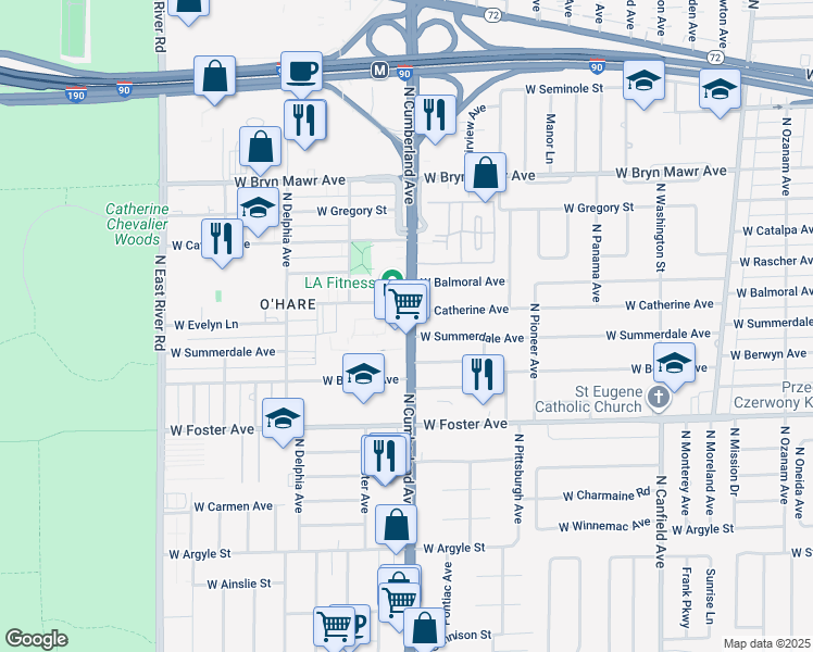map of restaurants, bars, coffee shops, grocery stores, and more near 5400 North Cumberland Avenue in Chicago