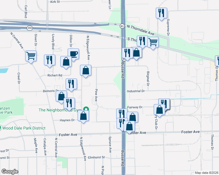 map of restaurants, bars, coffee shops, grocery stores, and more near 17W080 North Street in Bensenville