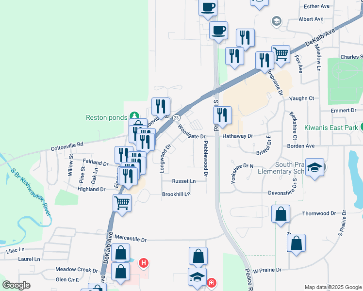 map of restaurants, bars, coffee shops, grocery stores, and more near 1717 Cedarbrook Court in Sycamore