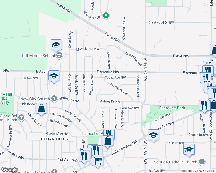 map of restaurants, bars, coffee shops, grocery stores, and more near 509 Bezdek Drive Northwest in Cedar Rapids
