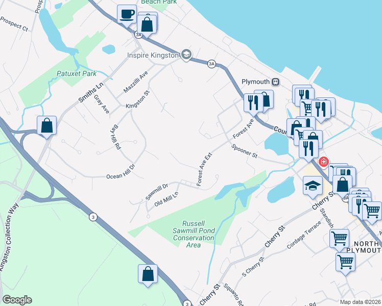 map of restaurants, bars, coffee shops, grocery stores, and more near 73 Forest Avenue Extension in Plymouth