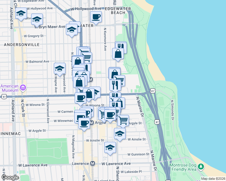 map of restaurants, bars, coffee shops, grocery stores, and more near 5200 North Sheridan Road in Chicago