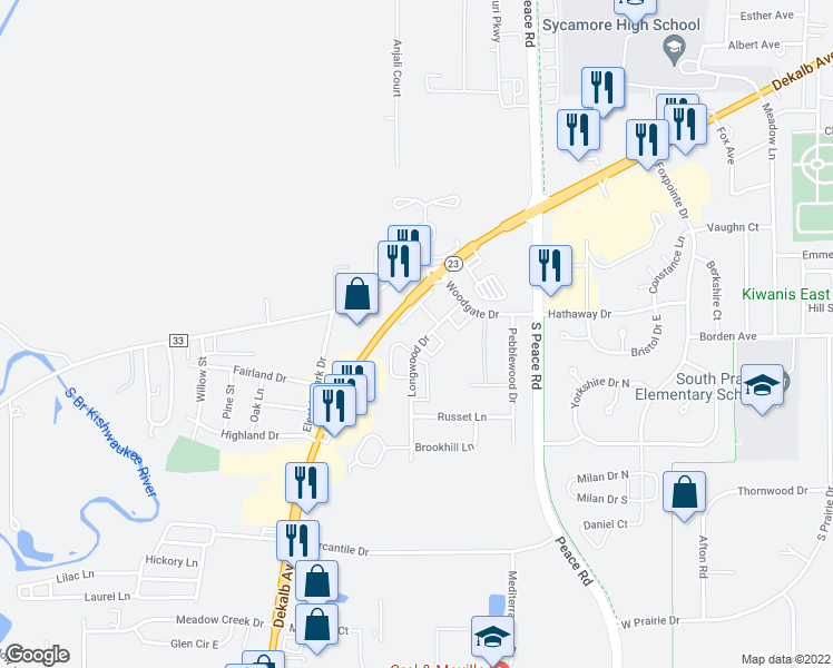 map of restaurants, bars, coffee shops, grocery stores, and more near 1515 Longwood Drive in Sycamore