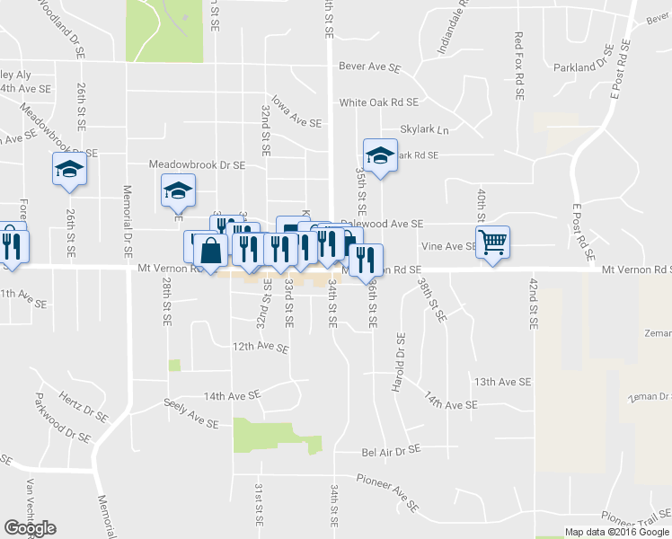 map of restaurants, bars, coffee shops, grocery stores, and more near 3404 Mount Vernon Road Southeast in Cedar Rapids