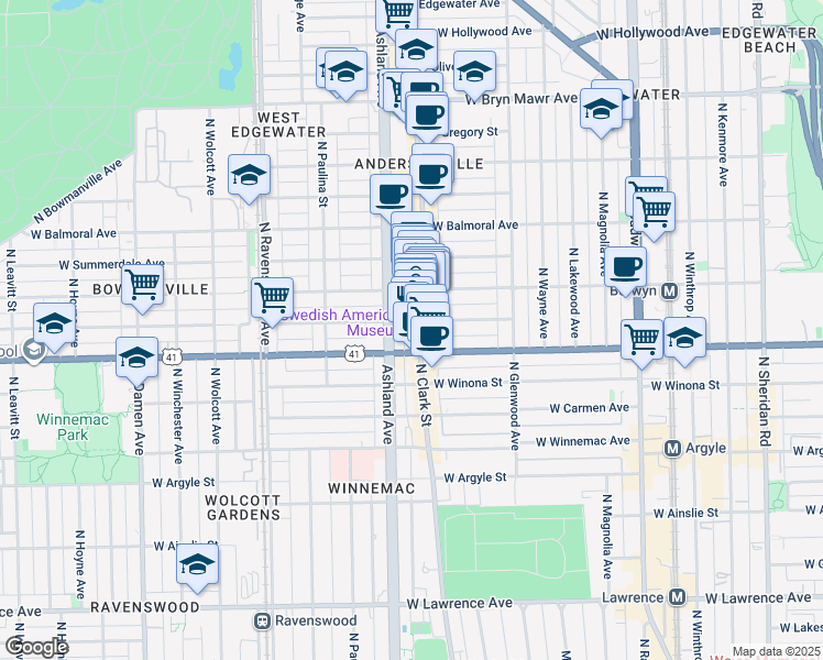 map of restaurants, bars, coffee shops, grocery stores, and more near 5220 North Clark Street in Chicago