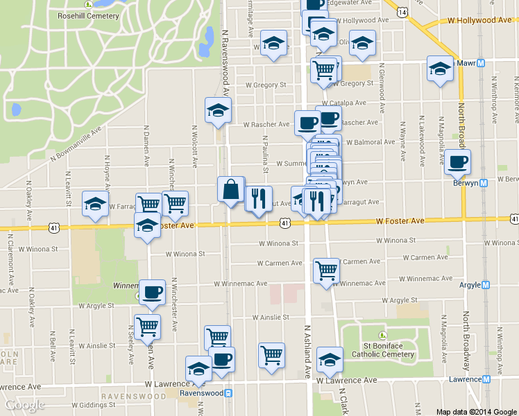 map of restaurants, bars, coffee shops, grocery stores, and more near 1709 West Farragut Avenue in Chicago
