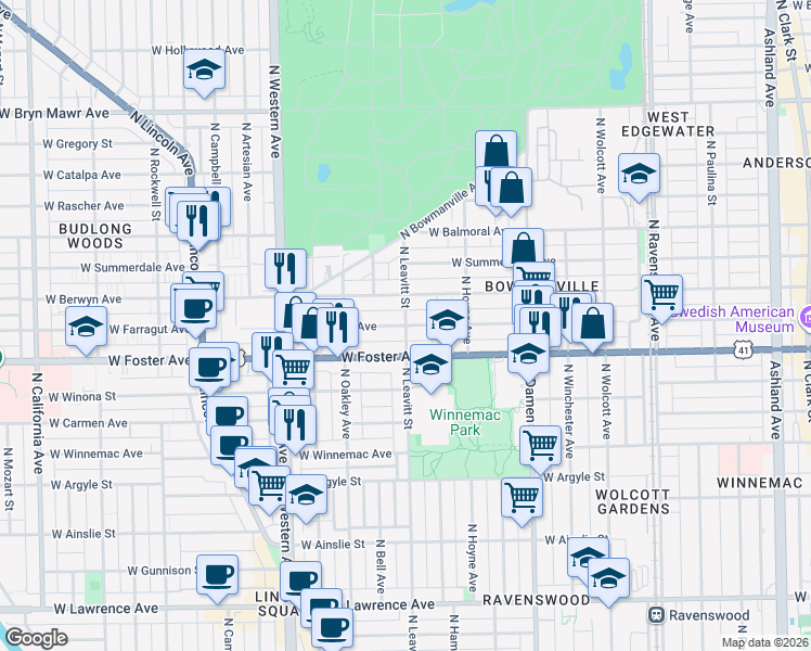 map of restaurants, bars, coffee shops, grocery stores, and more near West Farragut Avenue in Chicago