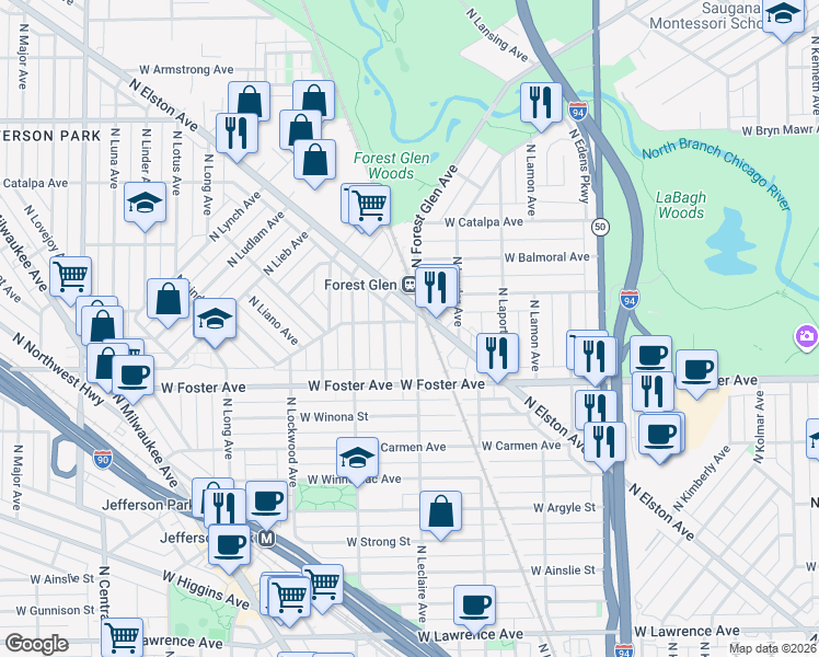 map of restaurants, bars, coffee shops, grocery stores, and more near 5314 North Elston Avenue in Chicago