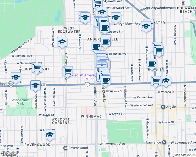map of restaurants, bars, coffee shops, grocery stores, and more near 5225 North Ashland Avenue in Chicago