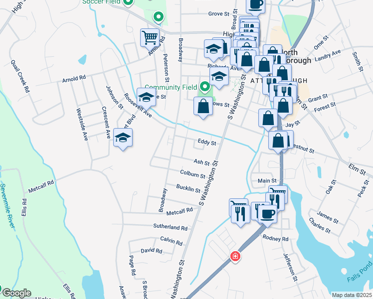 map of restaurants, bars, coffee shops, grocery stores, and more near 54 Eddy Street in North Attleborough