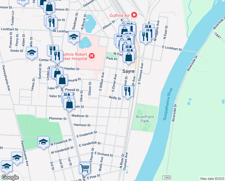 map of restaurants, bars, coffee shops, grocery stores, and more near 404 South Elmer Avenue in Sayre
