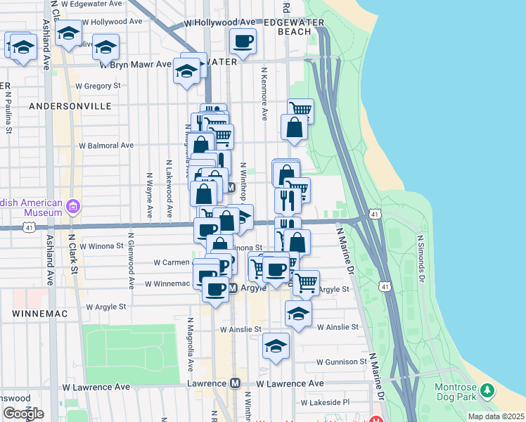 map of restaurants, bars, coffee shops, grocery stores, and more near 5236 North Kenmore Avenue in Chicago