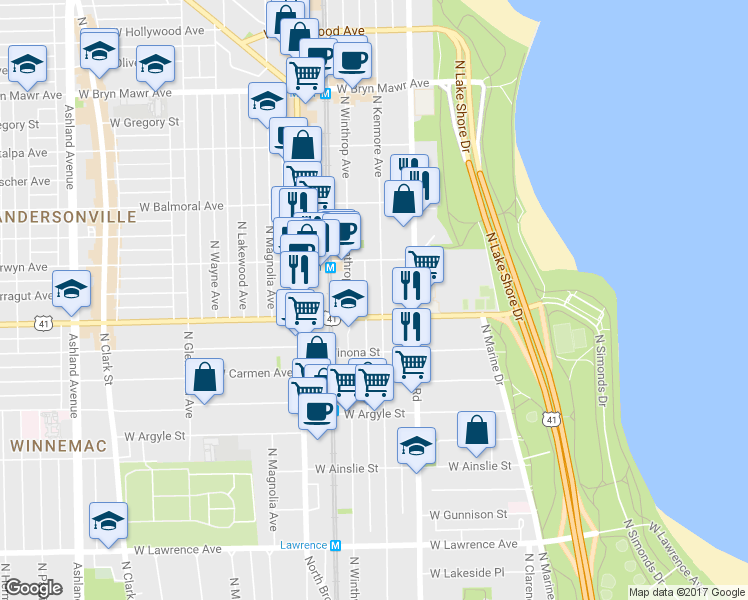 map of restaurants, bars, coffee shops, grocery stores, and more near 5236 North Kenmore Avenue in Chicago