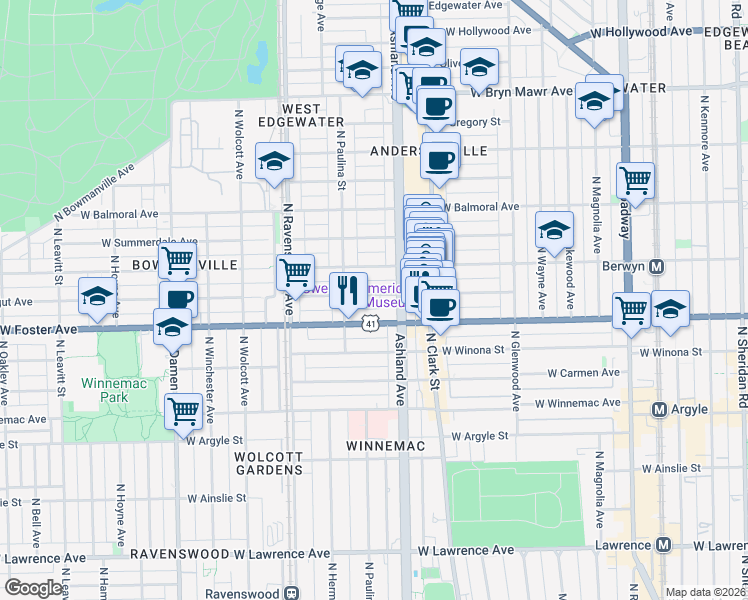 map of restaurants, bars, coffee shops, grocery stores, and more near 1616 West Farragut Avenue in Chicago