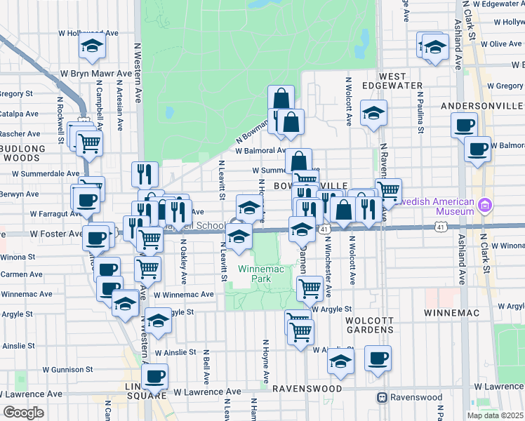 map of restaurants, bars, coffee shops, grocery stores, and more near in Chicago