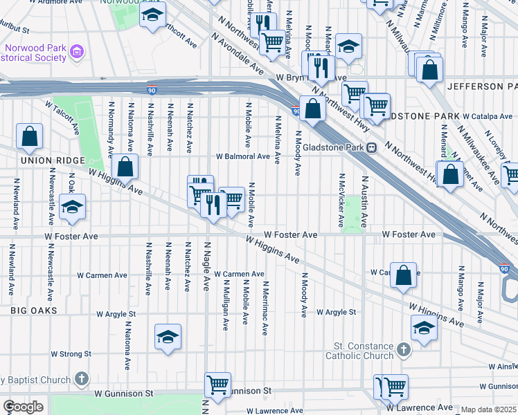 map of restaurants, bars, coffee shops, grocery stores, and more near 5301 North Mobile Avenue in Chicago