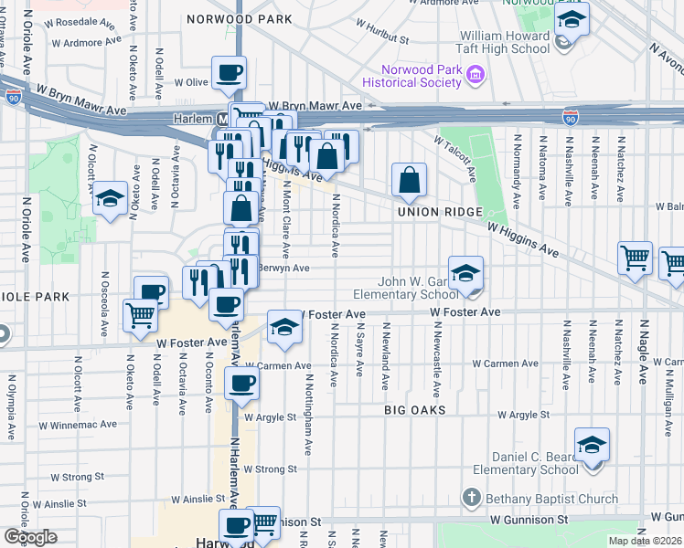 map of restaurants, bars, coffee shops, grocery stores, and more near 7000 West Berwyn Avenue in Chicago