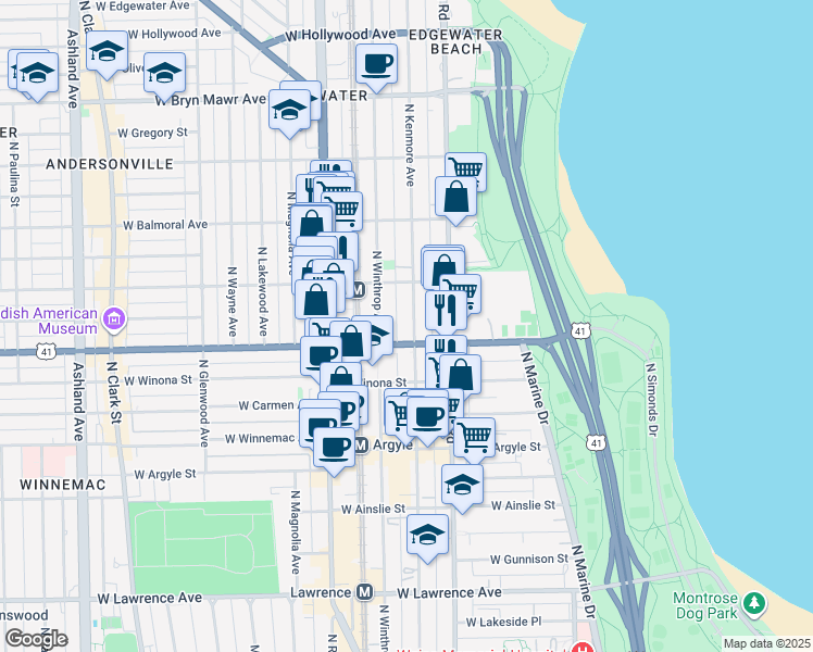 map of restaurants, bars, coffee shops, grocery stores, and more near 5236 North Kenmore Avenue in Chicago