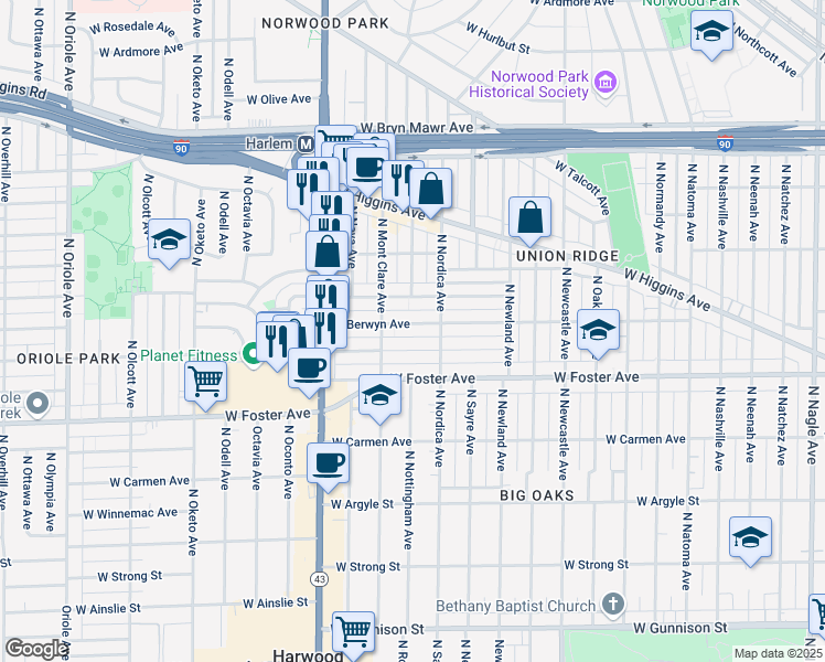 map of restaurants, bars, coffee shops, grocery stores, and more near 7025 West Berwyn Avenue in Chicago