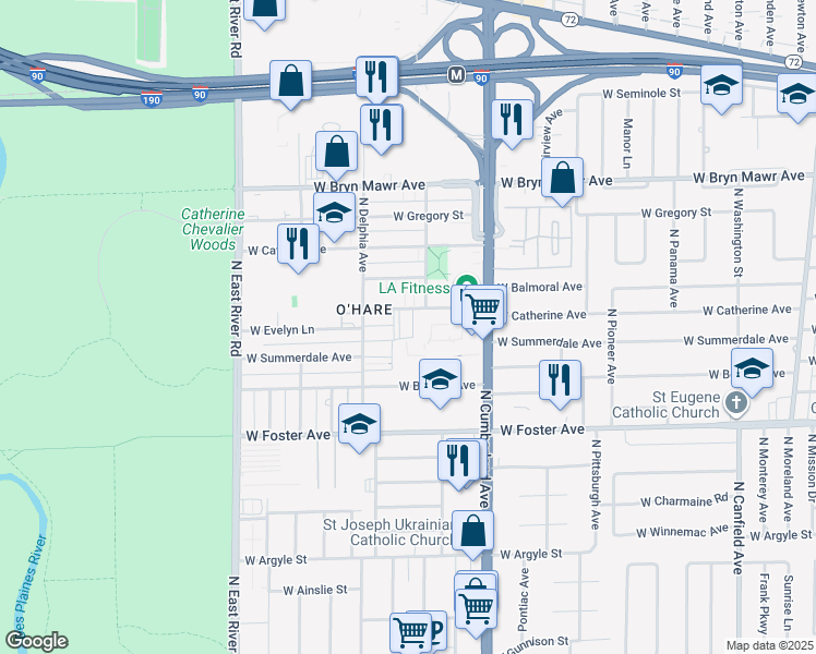 map of restaurants, bars, coffee shops, grocery stores, and more near 8517 West Catherine Avenue in Chicago