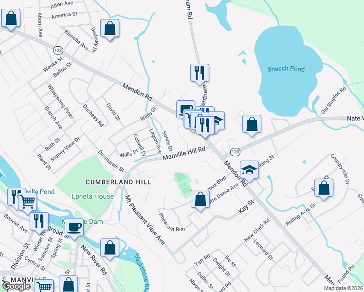 map of restaurants, bars, coffee shops, grocery stores, and more near 200 Manville Hill Road in Cumberland