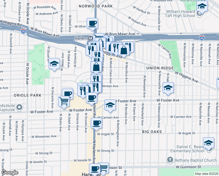 map of restaurants, bars, coffee shops, grocery stores, and more near 7101 West Berwyn Avenue in Chicago