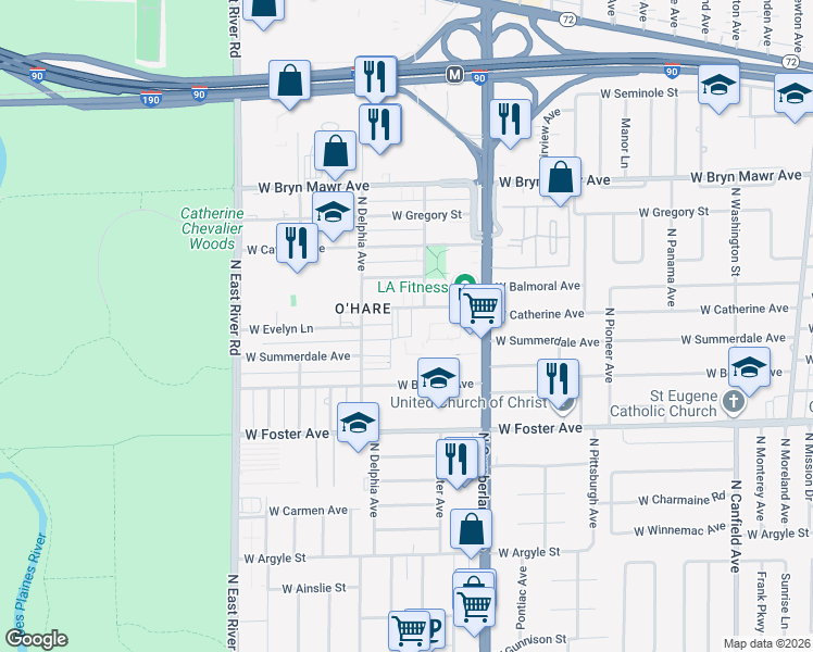 map of restaurants, bars, coffee shops, grocery stores, and more near 8518 West Catherine Avenue in Chicago