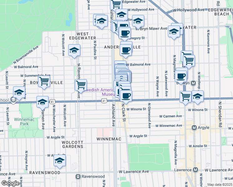 map of restaurants, bars, coffee shops, grocery stores, and more near 5225 North Ashland Avenue in Chicago