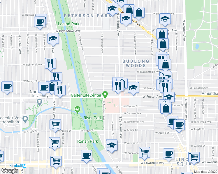 map of restaurants, bars, coffee shops, grocery stores, and more near 2838 West Farragut Avenue in Chicago