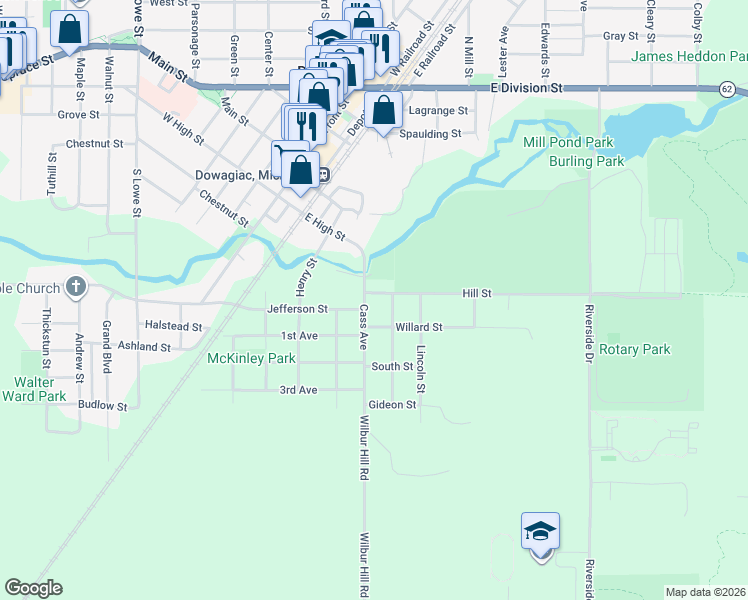 map of restaurants, bars, coffee shops, grocery stores, and more near 110 Cass Avenue in Dowagiac