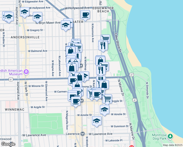 map of restaurants, bars, coffee shops, grocery stores, and more near 5236 North Kenmore Avenue in Chicago