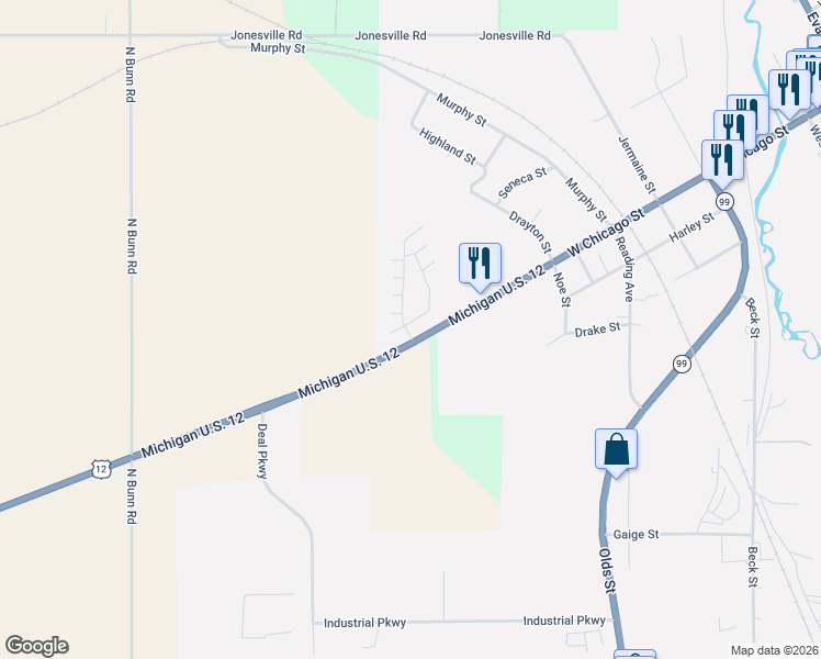 map of restaurants, bars, coffee shops, grocery stores, and more near 600-620 Spruce Court in Jonesville