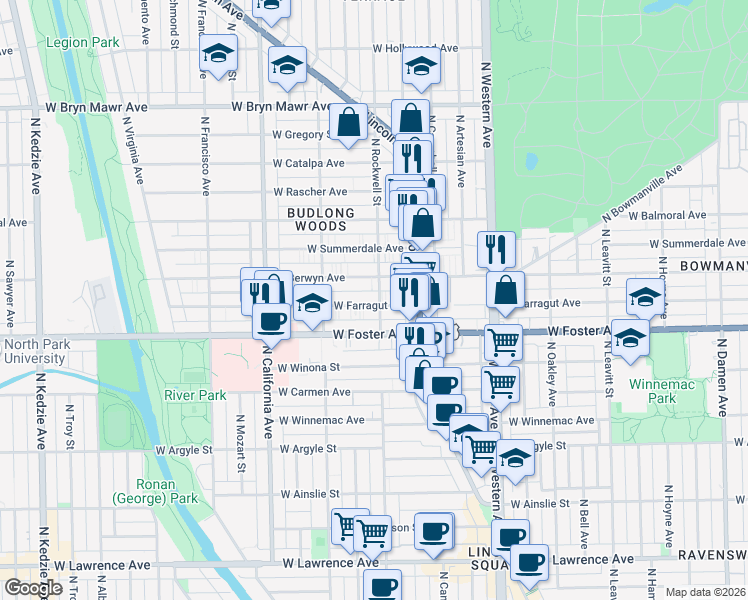 map of restaurants, bars, coffee shops, grocery stores, and more near 2605 West Berwyn Avenue in Chicago