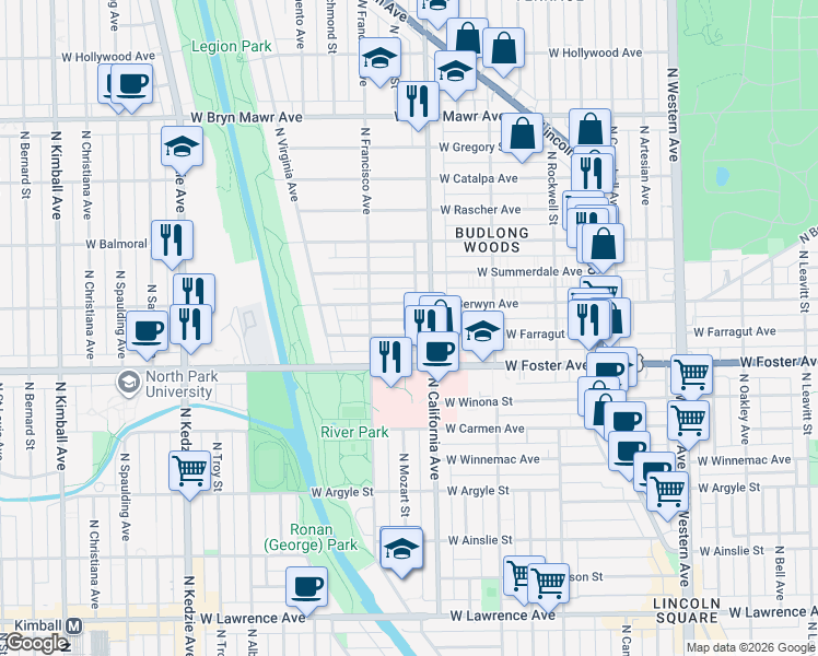 map of restaurants, bars, coffee shops, grocery stores, and more near 2820 West Farragut Avenue in Chicago