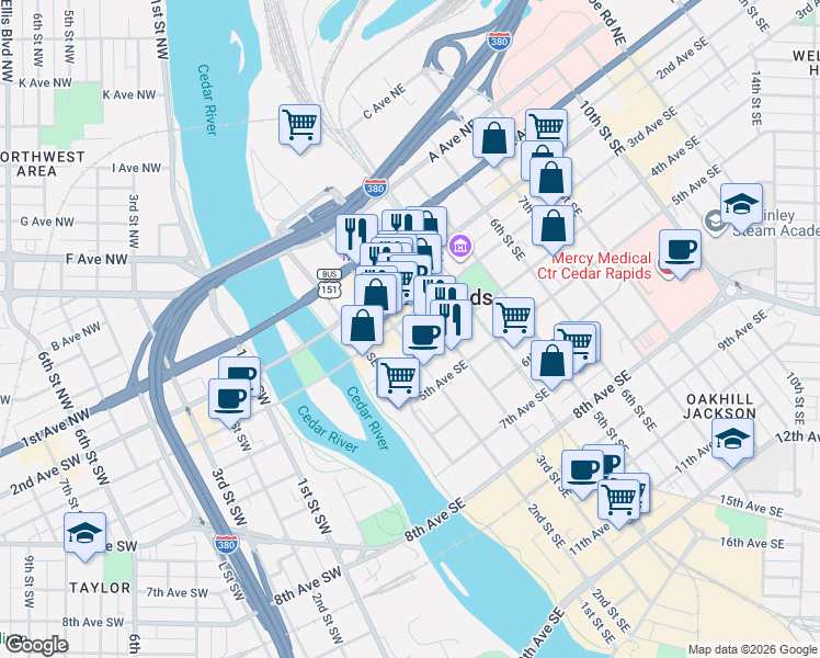 map of restaurants, bars, coffee shops, grocery stores, and more near 316 2nd Street Southeast in Cedar Rapids