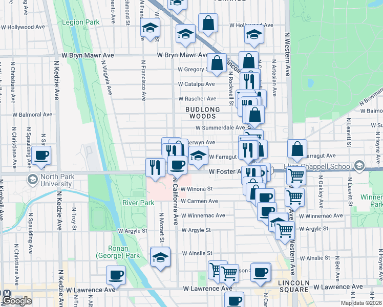 map of restaurants, bars, coffee shops, grocery stores, and more near 2722 West Farragut Avenue in Chicago