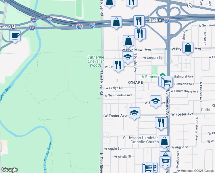 map of restaurants, bars, coffee shops, grocery stores, and more near 5357 North East River Road in Chicago
