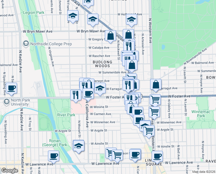 map of restaurants, bars, coffee shops, grocery stores, and more near 2649 West Berwyn Avenue in Chicago