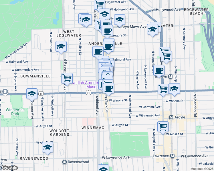 map of restaurants, bars, coffee shops, grocery stores, and more near 5225 North Clark Street in Chicago